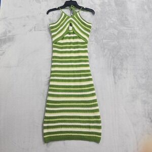 Sincerely Jules Dress Womens‎ M Green White Striped Halter Cutout Knit Bodycon